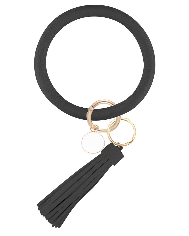 Weixiltc Large Circle Key Ring Leather Tassel Bracelet Holder Keychain Keyring For Women Girl (Black) - Image 1